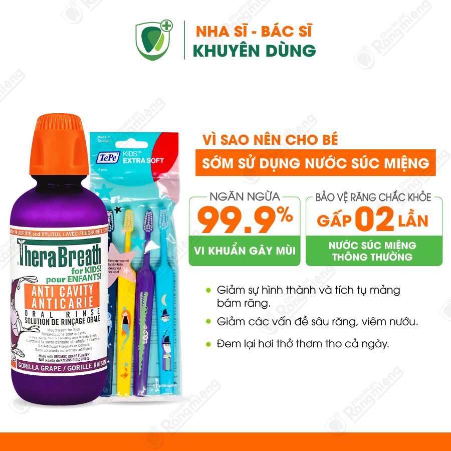 Combo ngừa sâu răng cho bé, Gồm nước súc miệng TheraBreath For Kids! và bộ 4 bàn chải Tepe Kids X-Soft Blister - Trẻ 6 tuổi