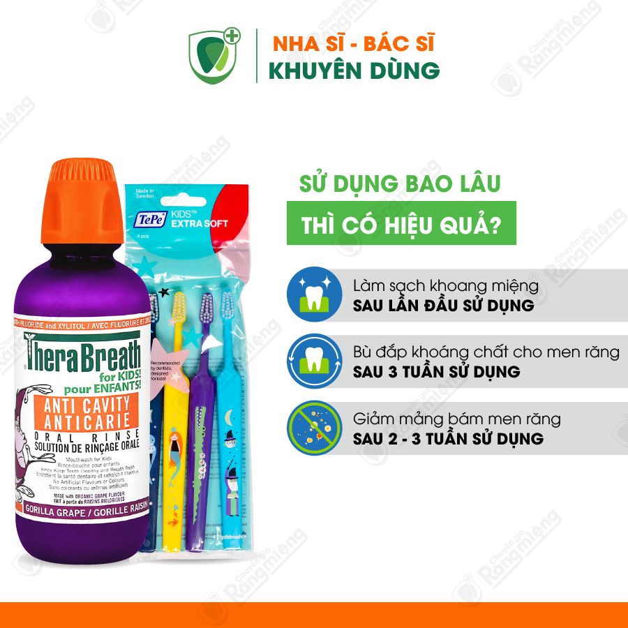 Combo ngừa sâu răng cho bé, Gồm nước súc miệng TheraBreath For Kids! và bộ 4 bàn chải Tepe Kids X-Soft Blister - Trẻ 6 tuổi