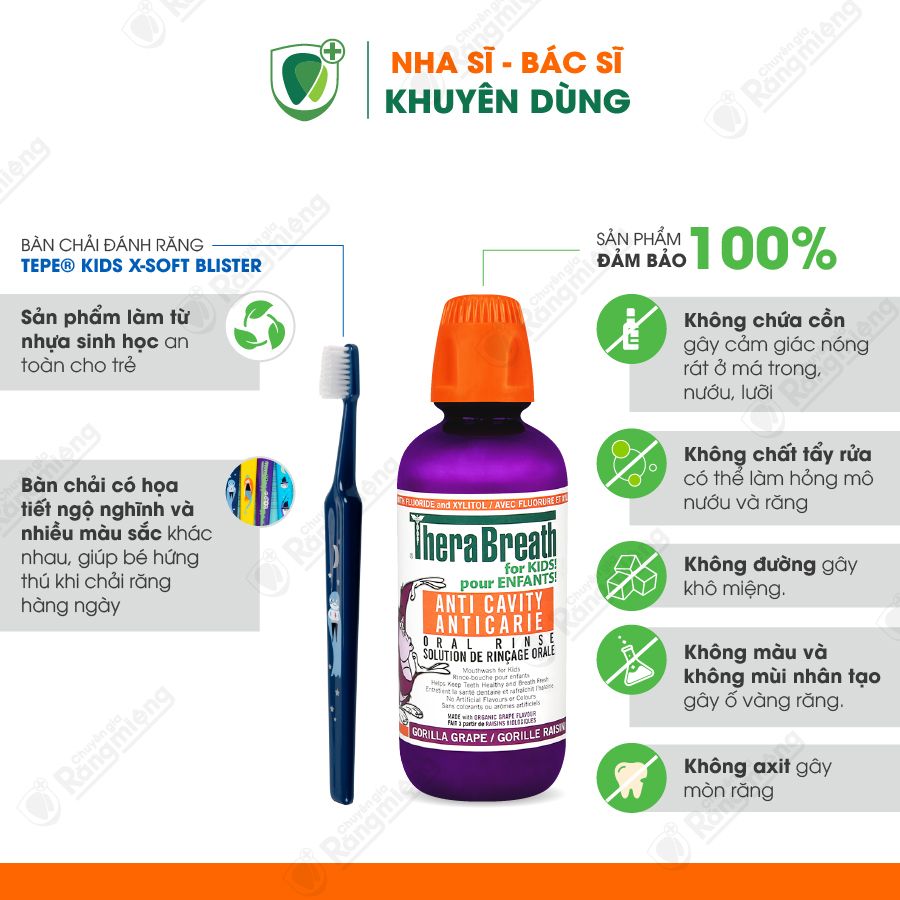 Combo ngừa sâu răng cho bé, Gồm nước súc miệng TheraBreath For Kids! và bộ 4 bàn chải Tepe Kids X-Soft Blister - Trẻ 6 tuổi