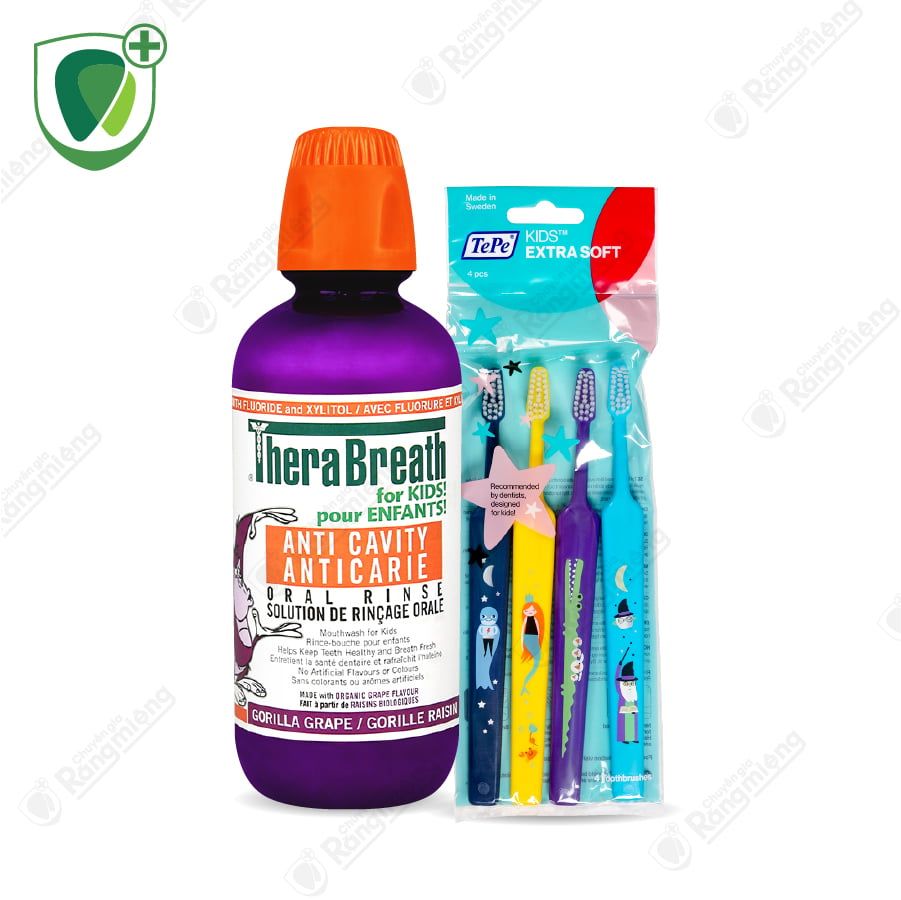 Combo ngừa sâu răng cho bé, Gồm nước súc miệng TheraBreath For Kids! và bộ 4 bàn chải Tepe Kids X-Soft Blister - Trẻ 6 tuổi