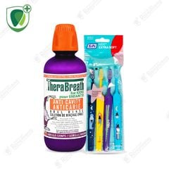 Combo ngừa sâu răng cho bé, Gồm nước súc miệng TheraBreath For Kids! và bộ 4 bàn chải Tepe Kids X-Soft Blister - Trẻ 6 tuổi