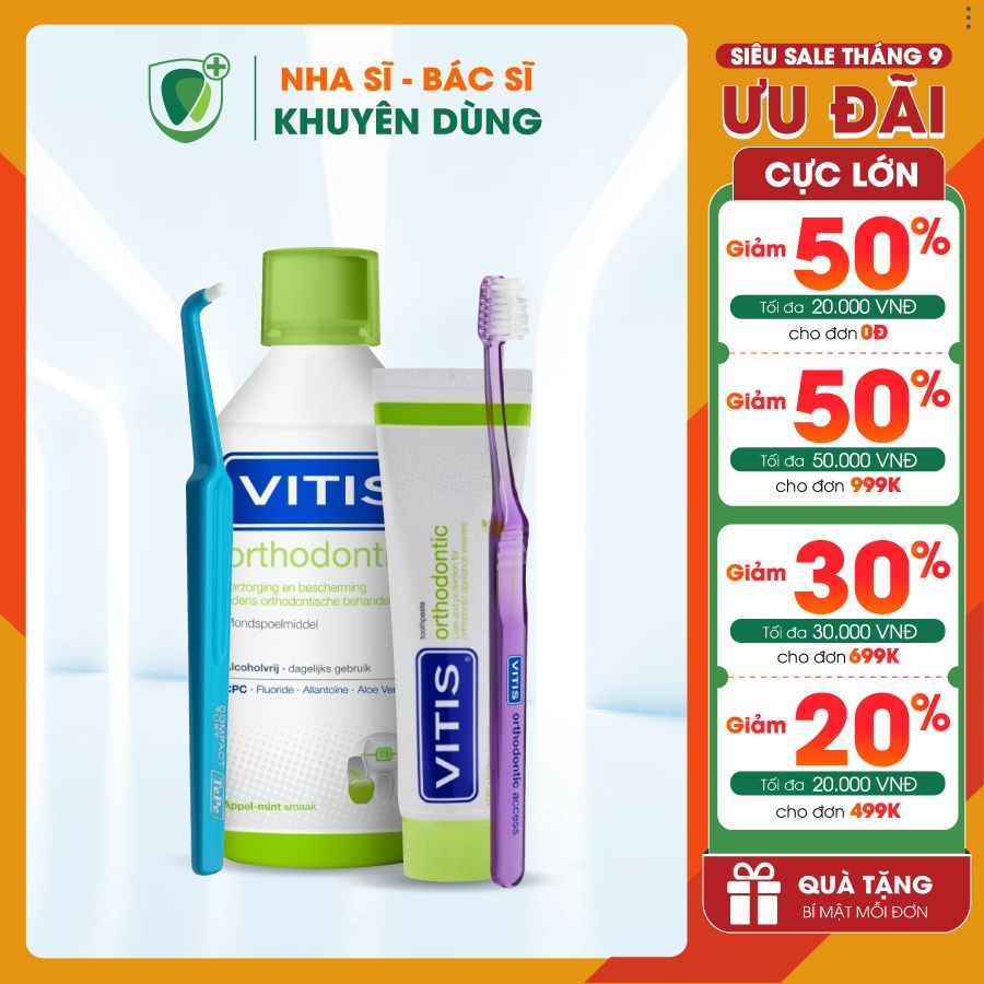 Combo vệ sinh răng niềng, Bộ 3 món Vitis Orthondontic và cây chải kẽ răng Tepe Compact Tuft™ Blister