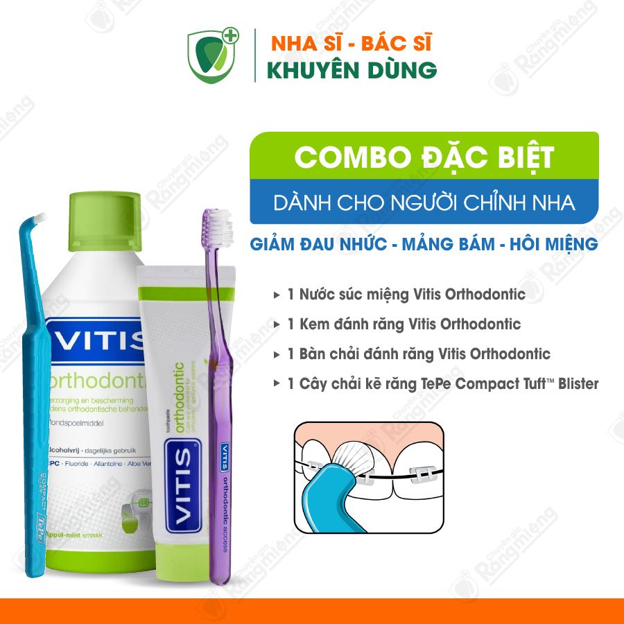 Combo vệ sinh răng niềng, Bộ 3 món Vitis Orthondontic và cây chải kẽ răng Tepe Compact Tuft™ Blister