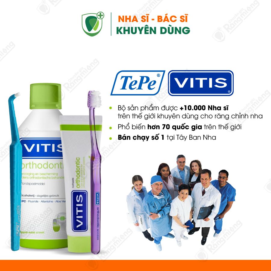 Combo vệ sinh răng niềng, Bộ 3 món Vitis Orthondontic và cây chải kẽ răng Tepe Compact Tuft™ Blister