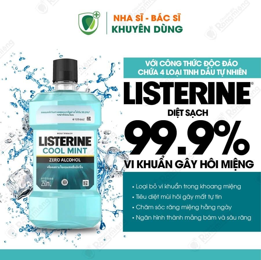 Nước súc miệng Listerine Cool Mint Zero Alcohol 250ml