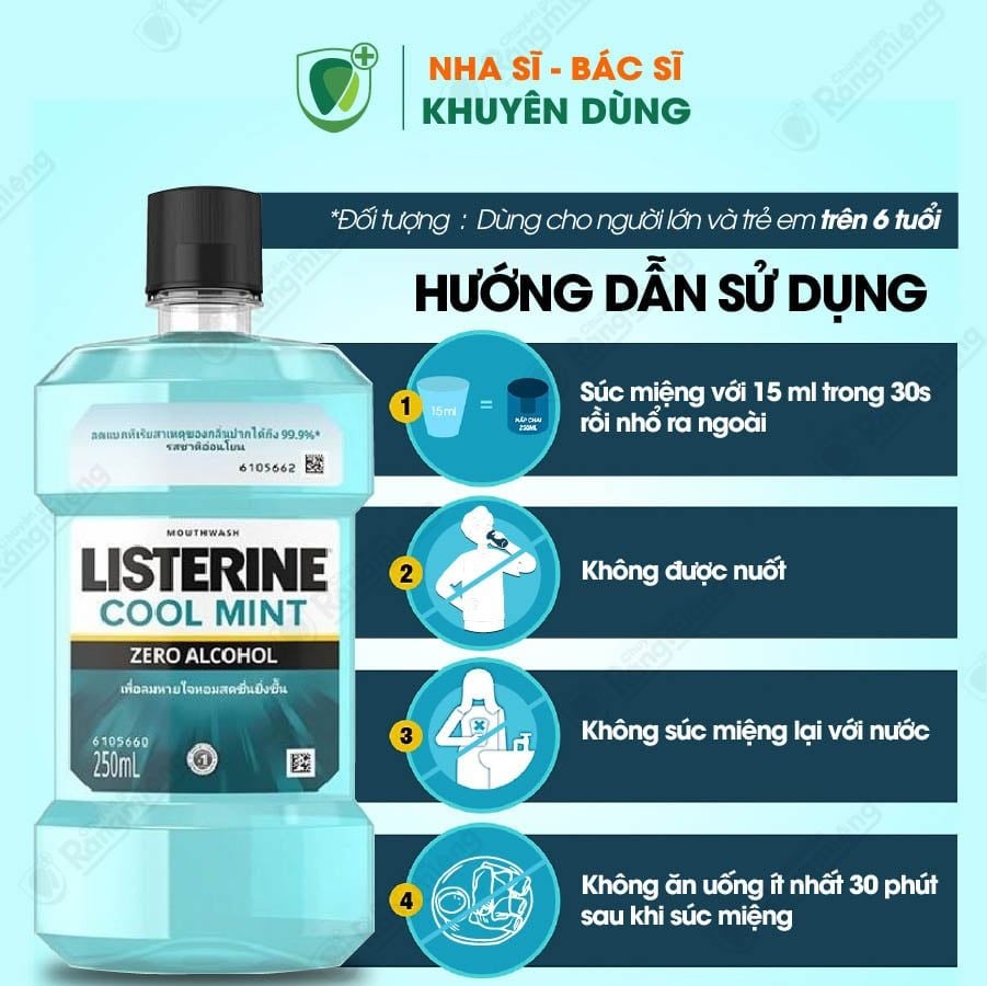 Nước súc miệng Listerine Cool Mint Zero Alcohol 250ml