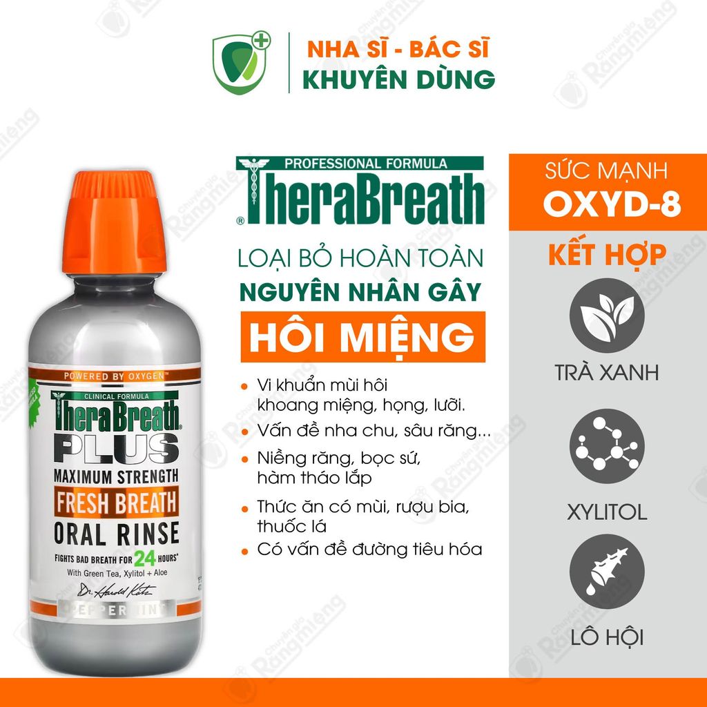 Nước Súc Miệng ngăn Hôi Miệng Số 1 Tại Mỹ - Therabreath Plus Oral Rinse Peppermint - Chai 473ml