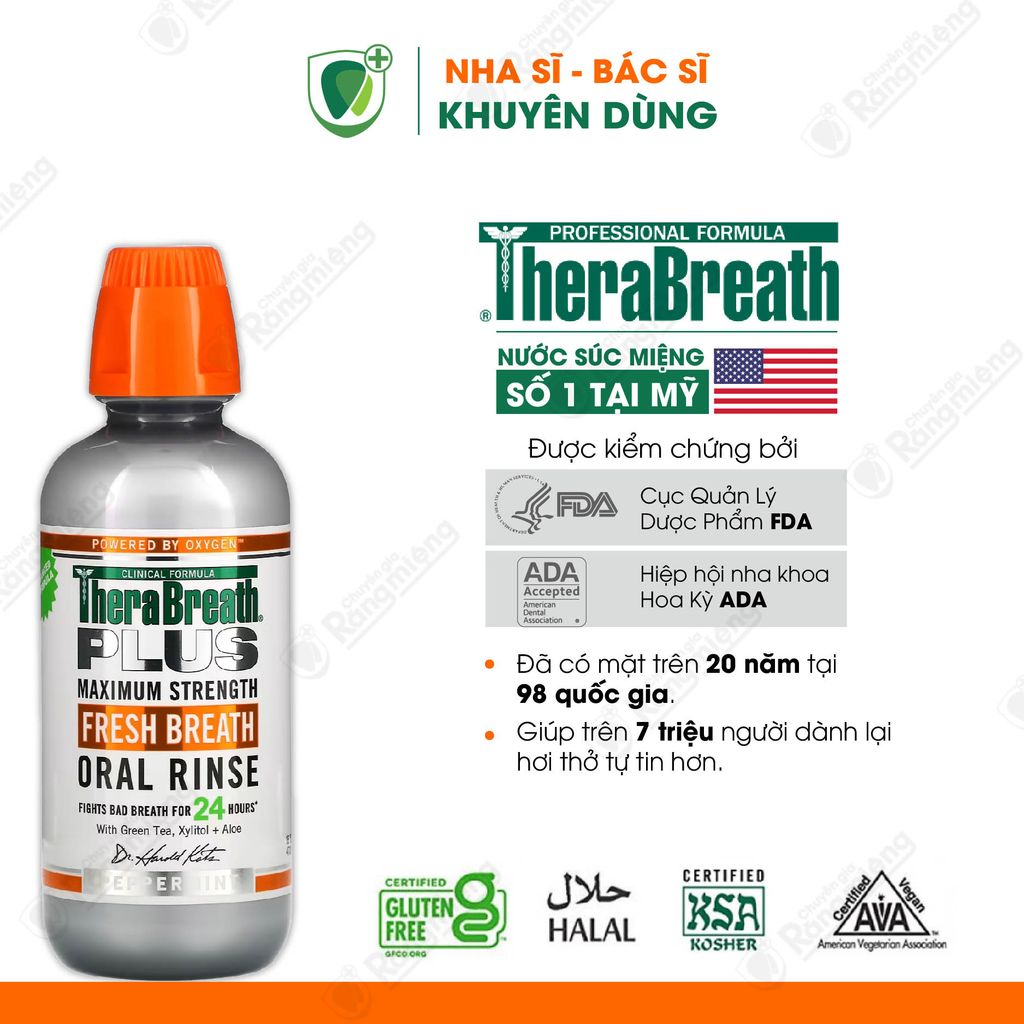 Nước Súc Miệng ngăn Hôi Miệng Số 1 Tại Mỹ - Therabreath Plus Oral Rinse Peppermint - Chai 473ml