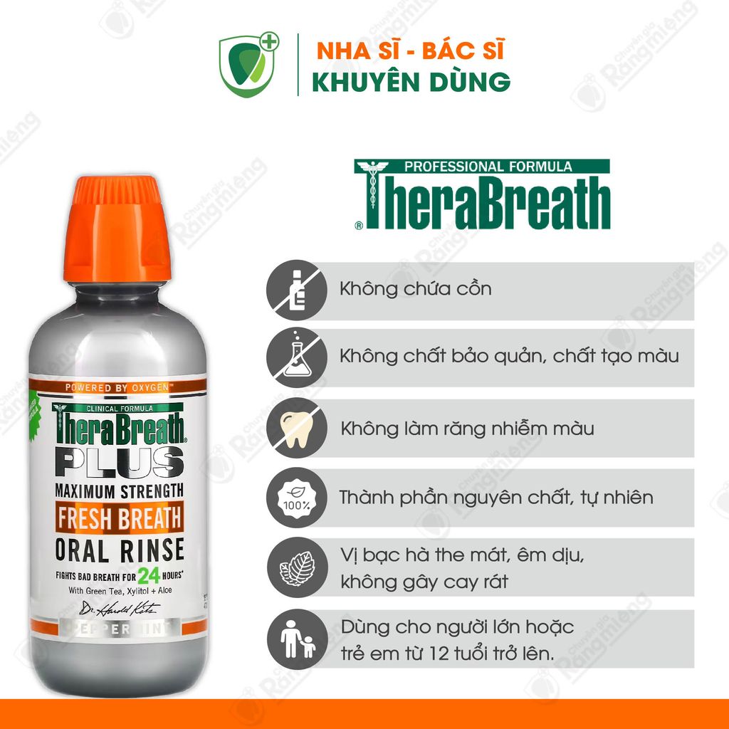 Nước Súc Miệng ngăn Hôi Miệng Số 1 Tại Mỹ - Therabreath Plus Oral Rinse Peppermint - Chai 473ml