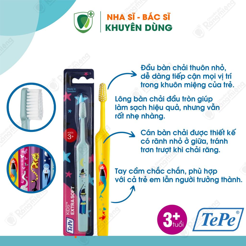 Bộ 4 bàn chải đánh răng siêu mềm cho trẻ em trên 4 tuổi Tepe Kid Extra Soft