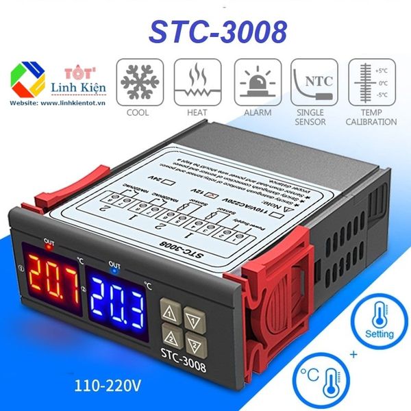 Bộ Điều Khiển Nhiệt Độ STC-3008 220V 10A - 2 Màn Hiển Thị, 2 Đầu Dò Nhiệt