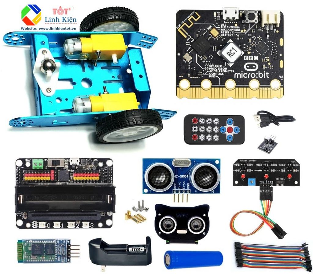 Bộ Xe Robot Microbit Khung Nhôm - Xe BBC Micro:bit Stem Dò Đường, Tránh Vật Cản, Điều Khiển Từ Xa Qua Điện Thoại