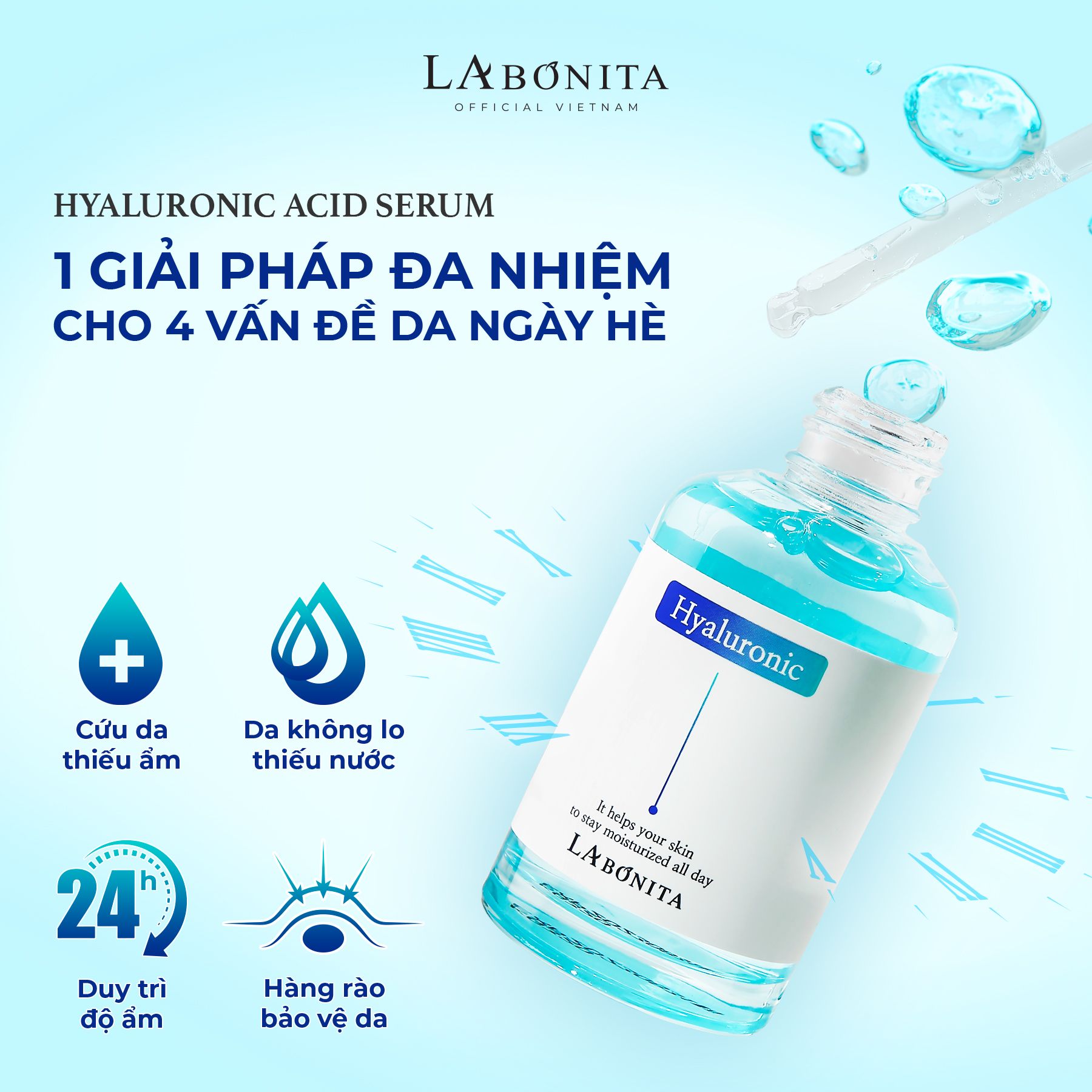  Serum HA Dưỡng Ẩm Căng Bóng & Tăng Độ Đàn Hồi -LA BONITA Vital Hyaluronic Acid Serum 50ml -  Tặng Kem Giảm Mụn 50ml 