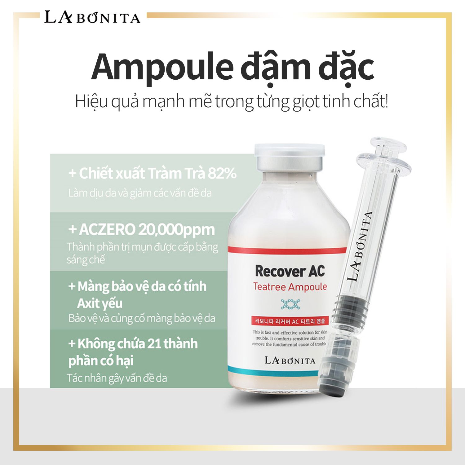  [Tặng Toner AC] Tinh Chất Tràm Trà Giảm Mụn Phục Hồi Da La Bonita Recover AC Tea Tree Ampoule 40ml 