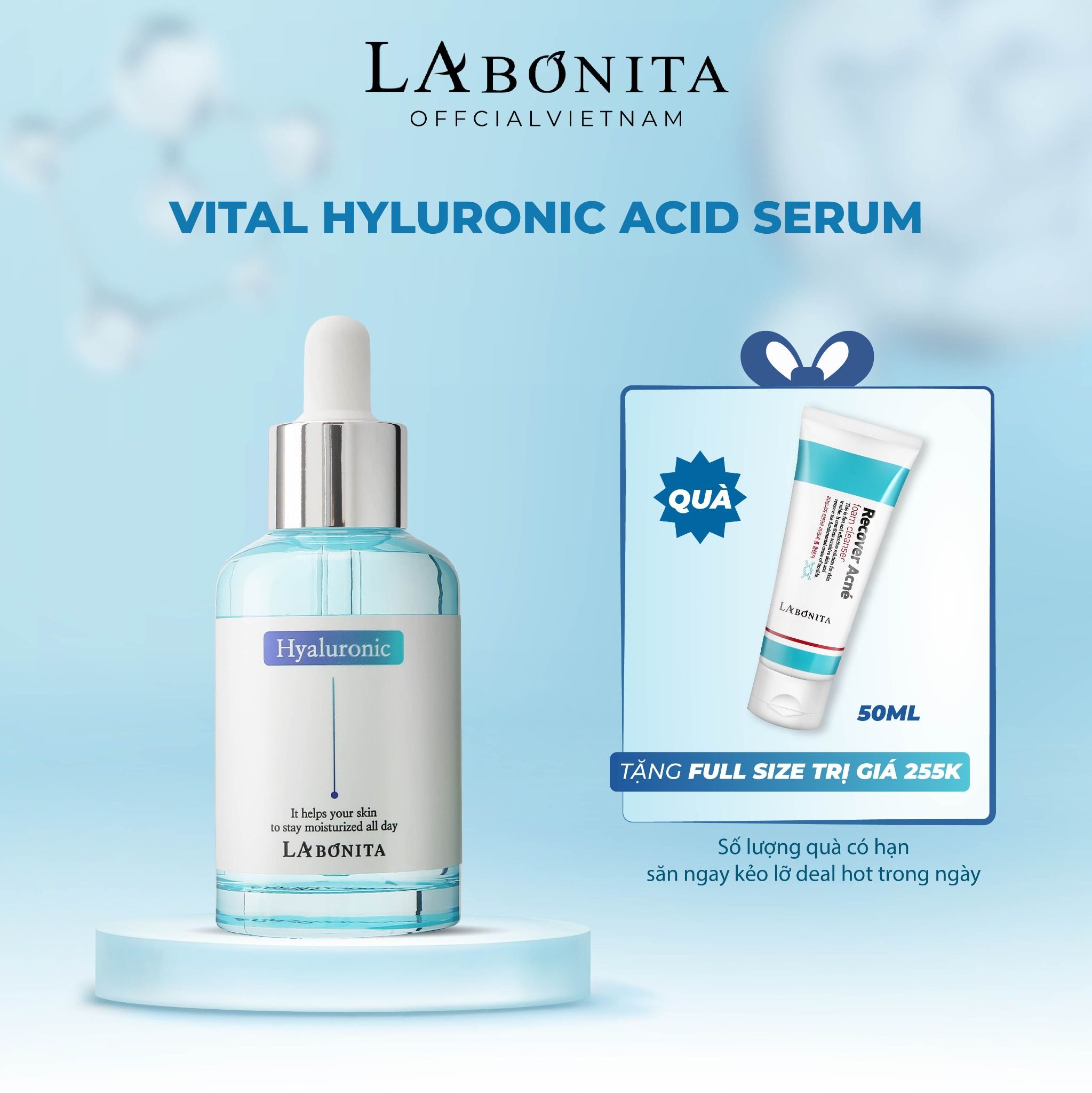  Serum HA Dưỡng Ẩm Căng Bóng & Tăng Độ Đàn Hồi -LA BONITA Vital Hyaluronic Acid Serum 50ml -Tặng Sữa Rửa Mặt 100ml 