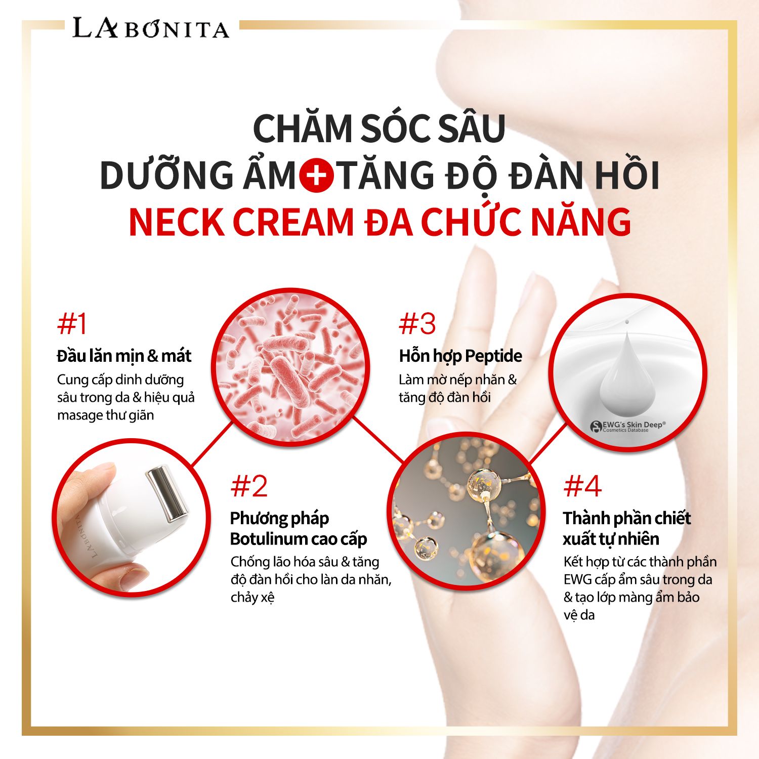  Kem Dưỡng Da Vùng Cổ Giảm Nếp Nhăn La Bonita Peptide Roller Neck Cream 50ml 