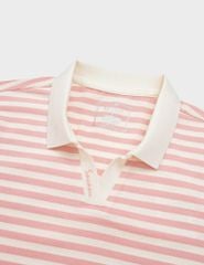 Áo polo nữ ngắn tay kẻ trang nẹp trụ V bo dệt thêu logo