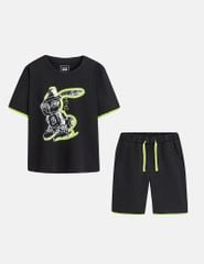 Bộ cotton hè bé trai phối tay hình in trước ngực