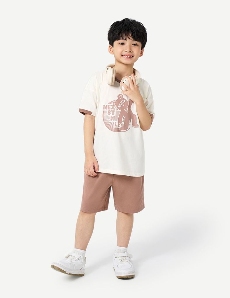 Bộ hè trẻ em phối áo quần khác màu hình in trước ngực