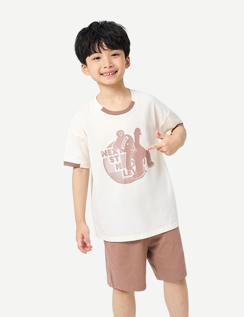 Bộ hè trẻ em phối áo quần khác màu hình in trước ngực