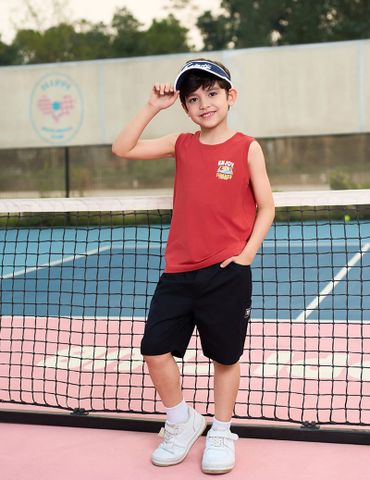 Quần short kaki bé trai cạp chun mác trang trí dọc quần