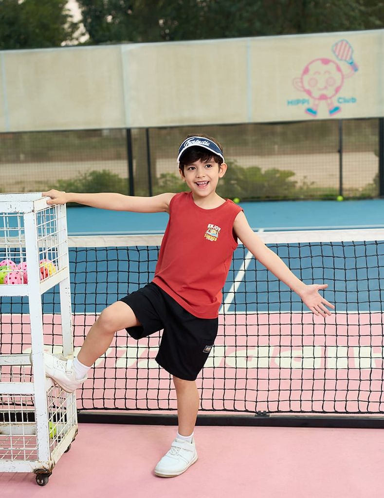 Quần short kaki bé trai cạp chun mác trang trí dọc quần