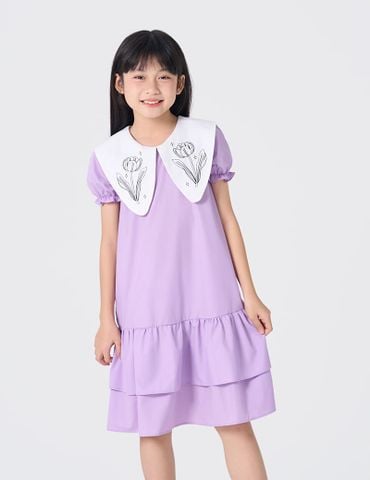 Váy liền chữ A bé gái dáng rộng cổ sen thêu hoa