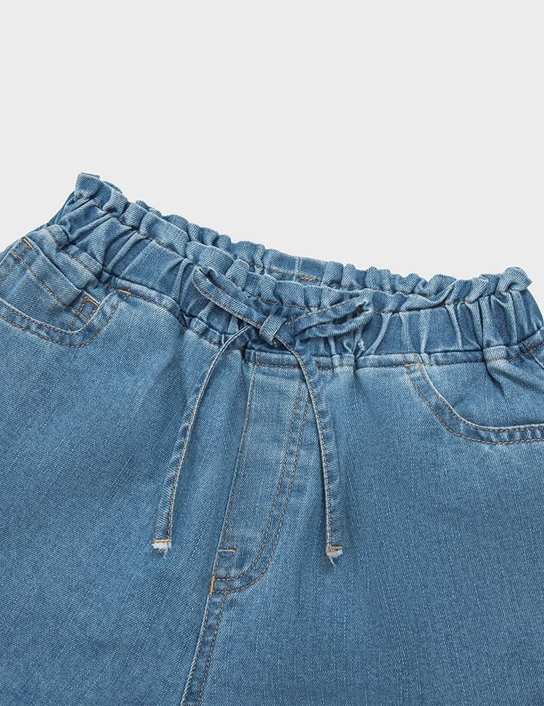 Quần short jean bé gái cạp chun trang trí nơ