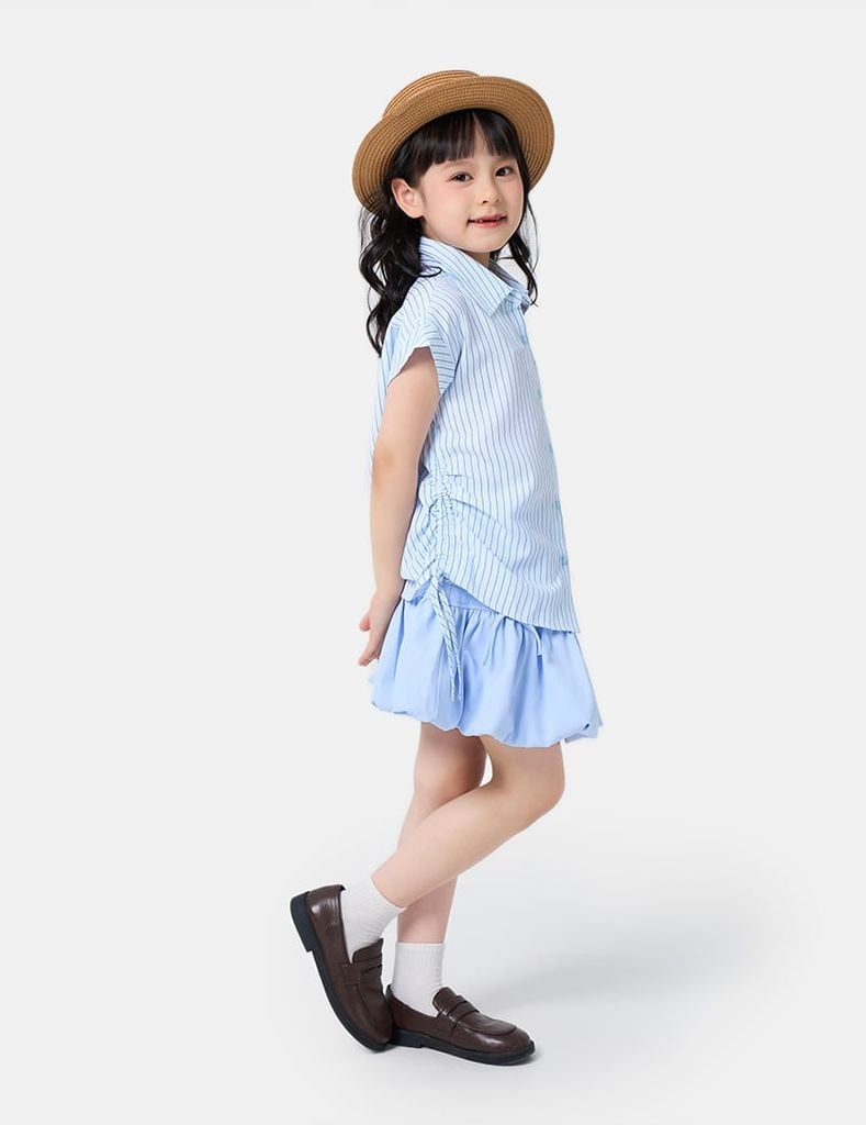 Áo sơ mi trẻ em ngắn tay họa tiết kẻ eo rút chun