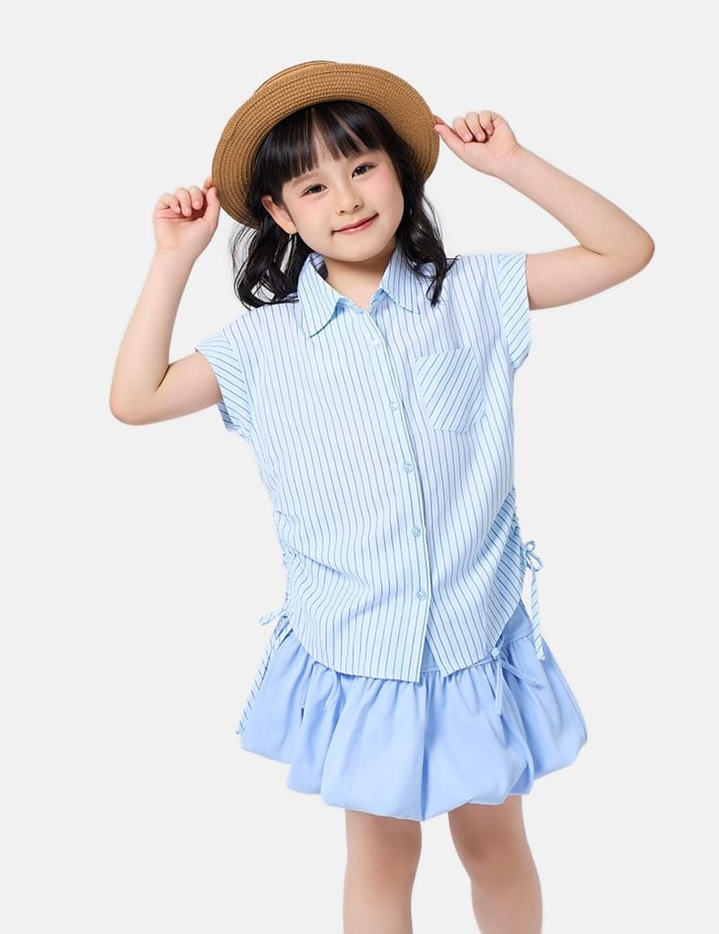 Áo sơ mi trẻ em ngắn tay họa tiết kẻ eo rút chun