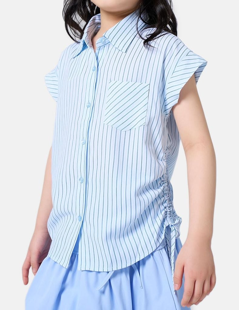 Áo sơ mi trẻ em ngắn tay họa tiết kẻ eo rút chun