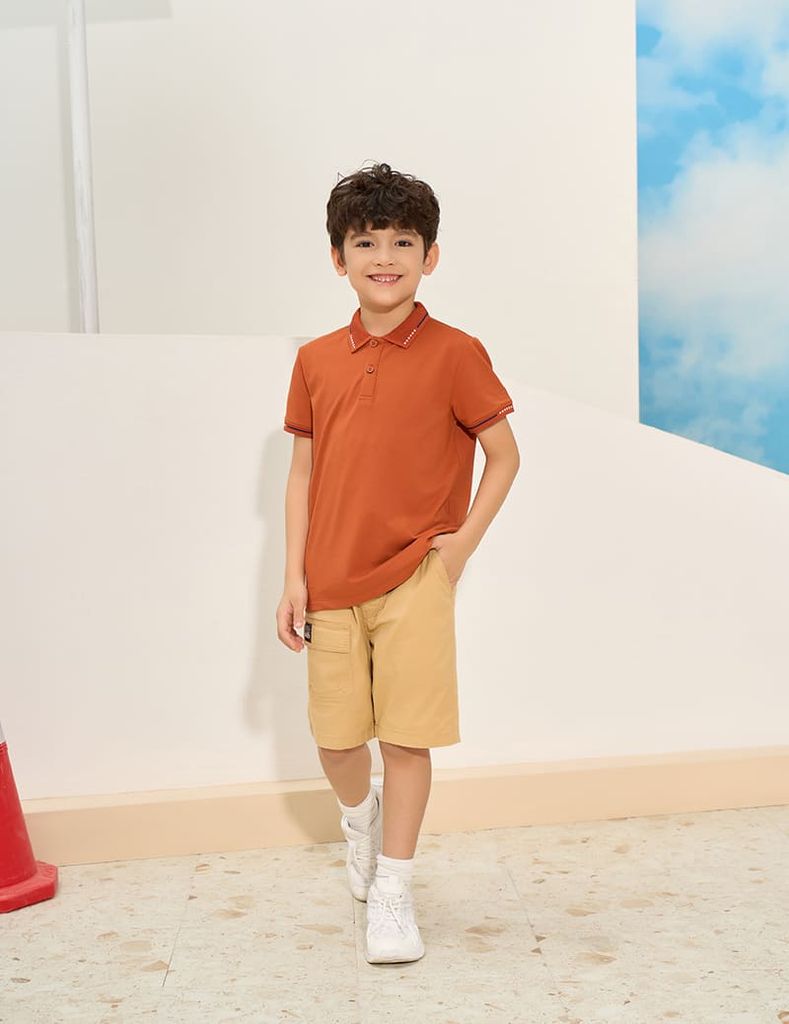 Áo polo trẻ em mắt chim cổ dệt thêu tay