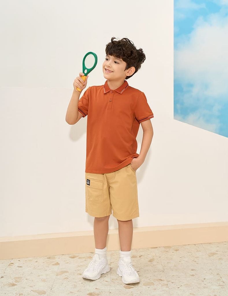 Áo polo trẻ em mắt chim cổ dệt thêu tay