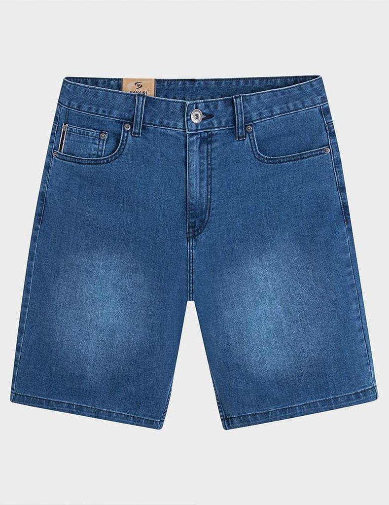 Quần short jean nam mài nhẹ ốp dây dệt trang trí