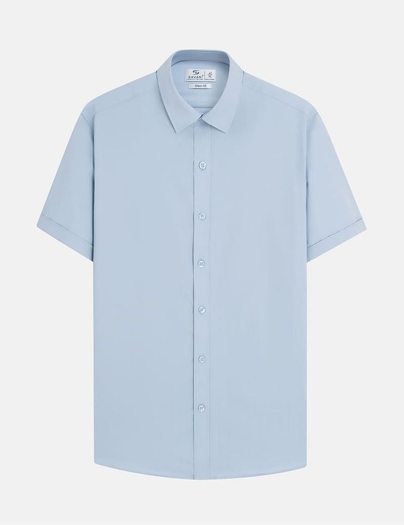 Áo sơ mi nam ngắn tay tà lượn không túi dệt jacquard