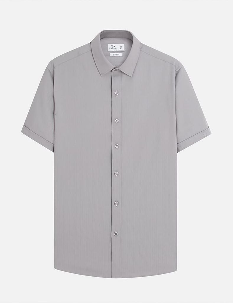 Áo sơ mi nam ngắn tay tà lượn không túi dệt jacquard