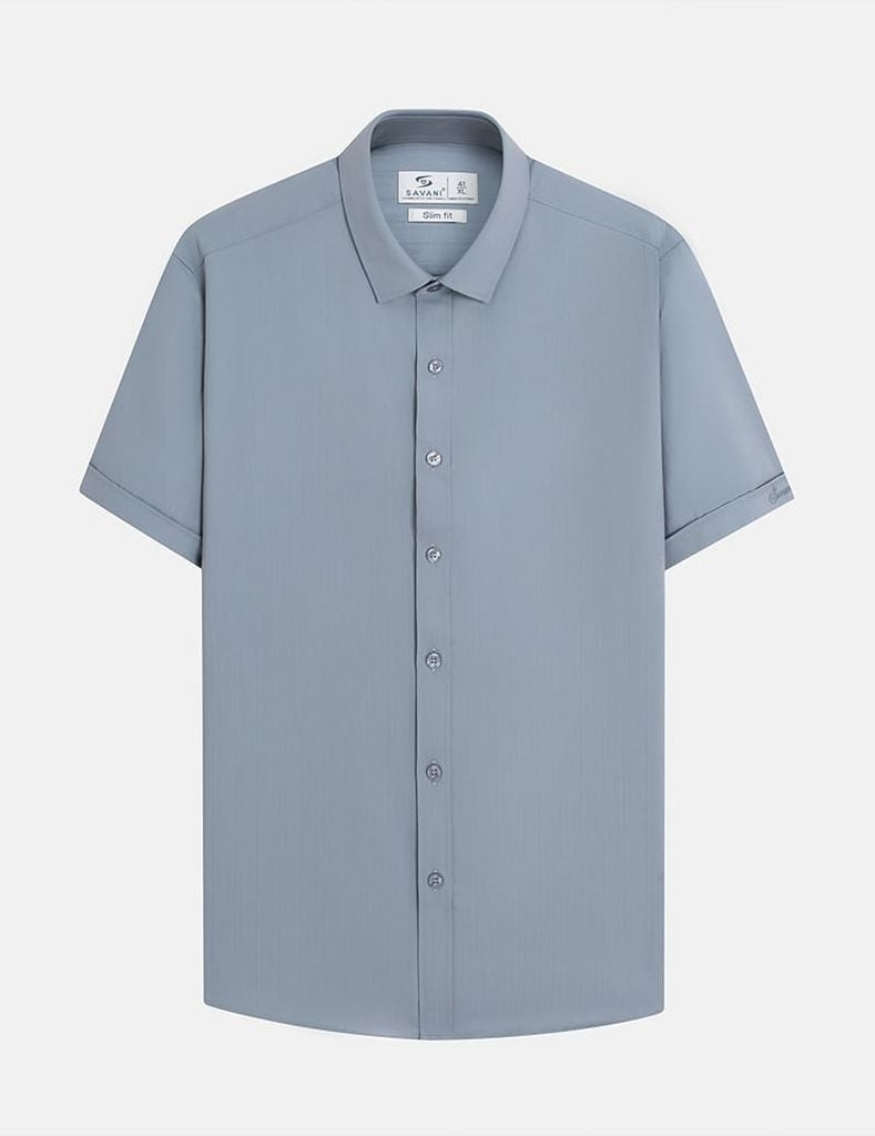 Áo sơ mi nam ngắn tay tà lượn không túi dệt jacquard