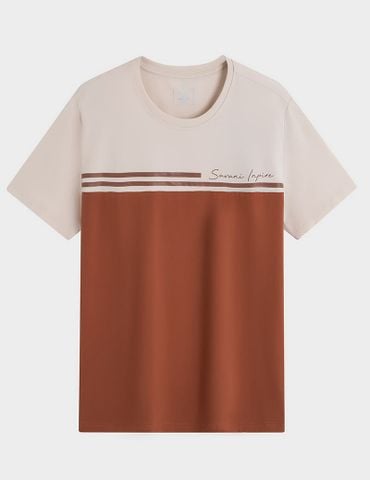 Áo T-shirt nam ngắn tay cổ tròn phối thân trước kẻ ngang
