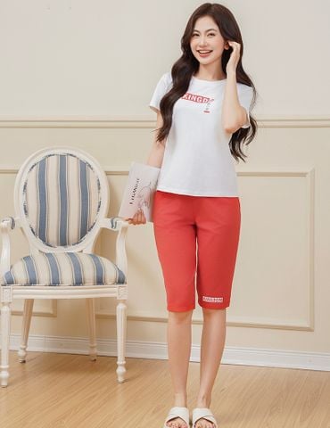 Bộ đồ hè nữ cổ tròn hình in trước ngực