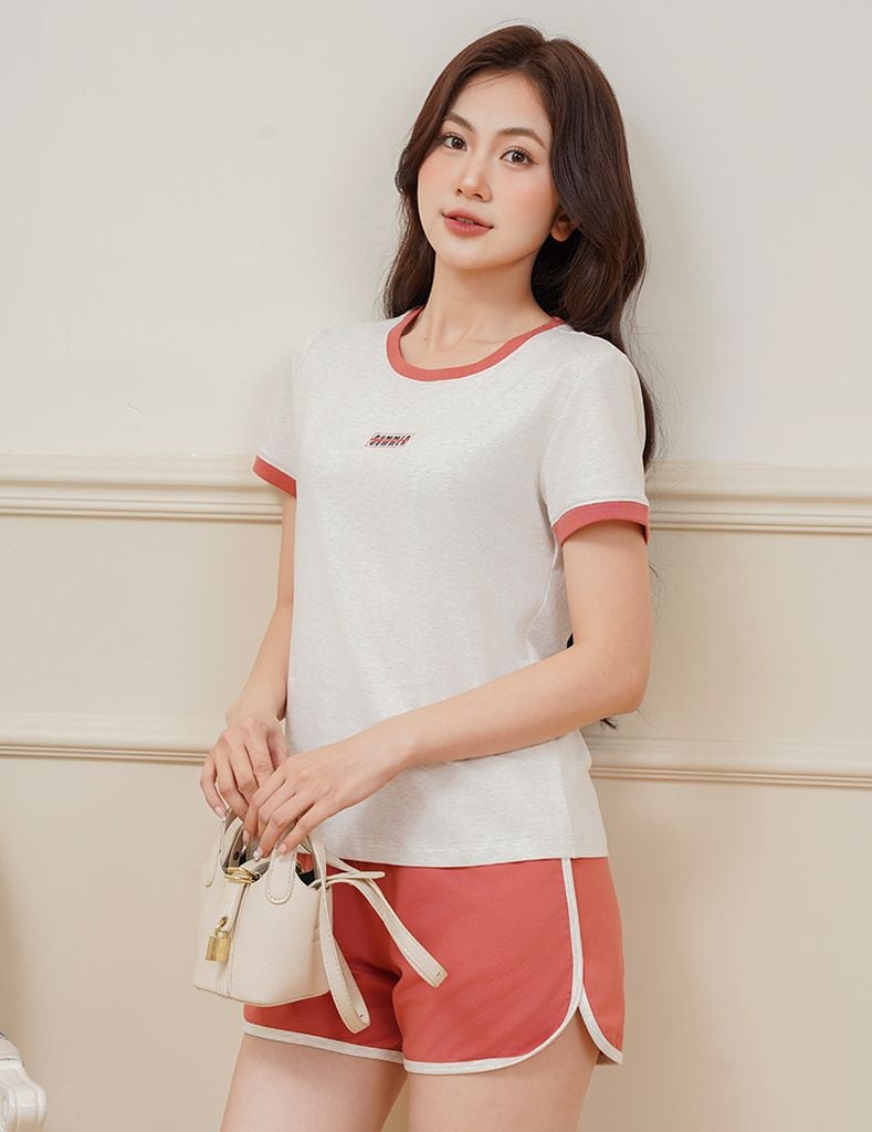 Bộ hè nữ quần đùi cổ bo rib dáng thể thao