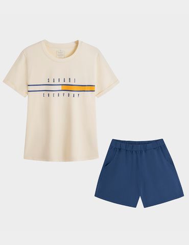 Bộ hè quần đùi nữ in ngang ngực gấu tay vơ lê