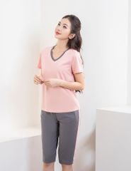 Bộ hè nữ cổ tim quần lửng phối line hai bên