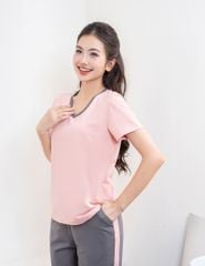 Bộ hè nữ cổ tim quần lửng phối line hai bên