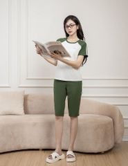 Bộ hè quần lửng nữ tay raglan in sọc hai bên vai