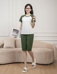 Bộ hè quần lửng nữ tay raglan in sọc hai bên vai