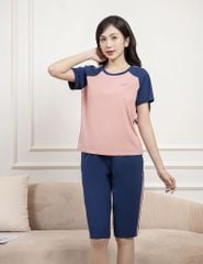 Bộ hè quần lửng nữ tay raglan in sọc hai bên vai