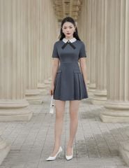 Váy liền dáng A nữ cổ bẻ phối nơ