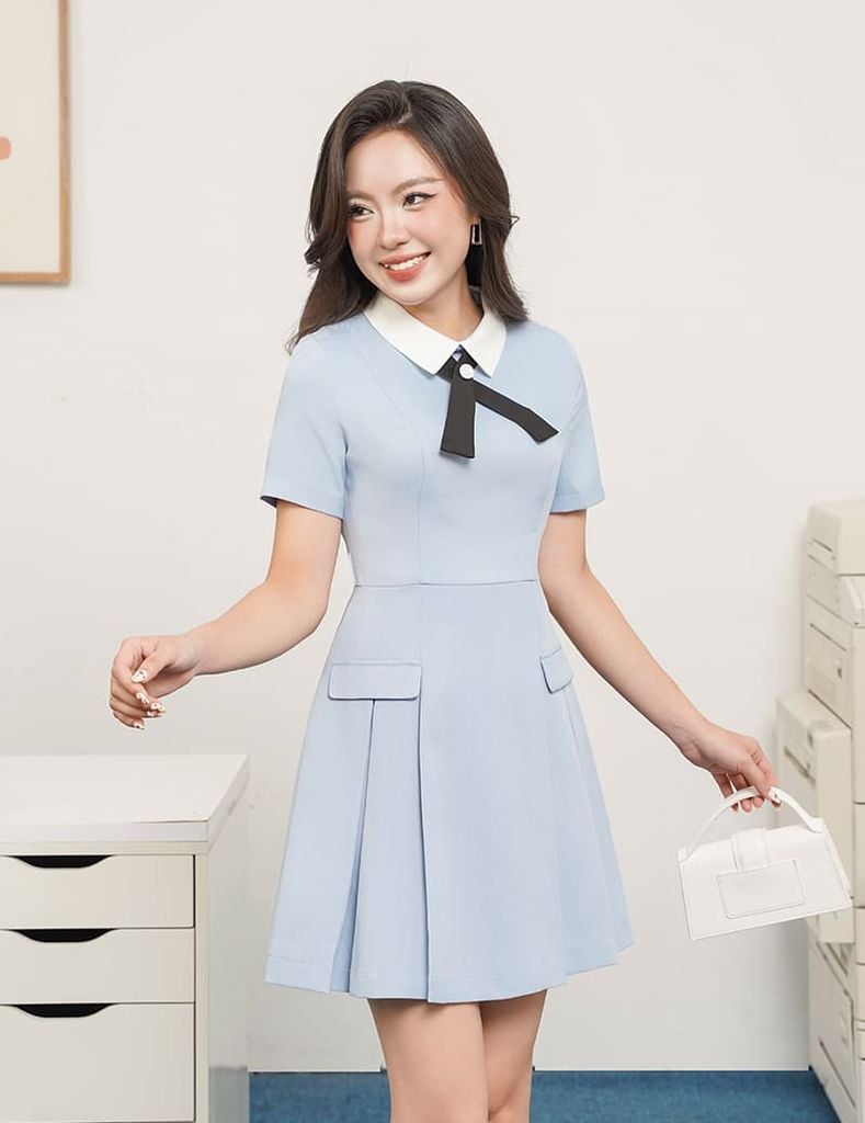 Váy liền dáng A nữ cổ bẻ phối nơ