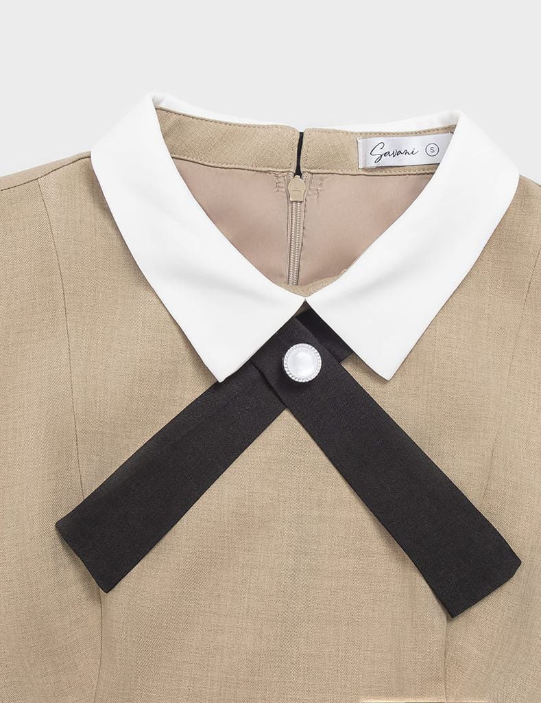 Váy liền dáng A nữ cổ bẻ phối nơ