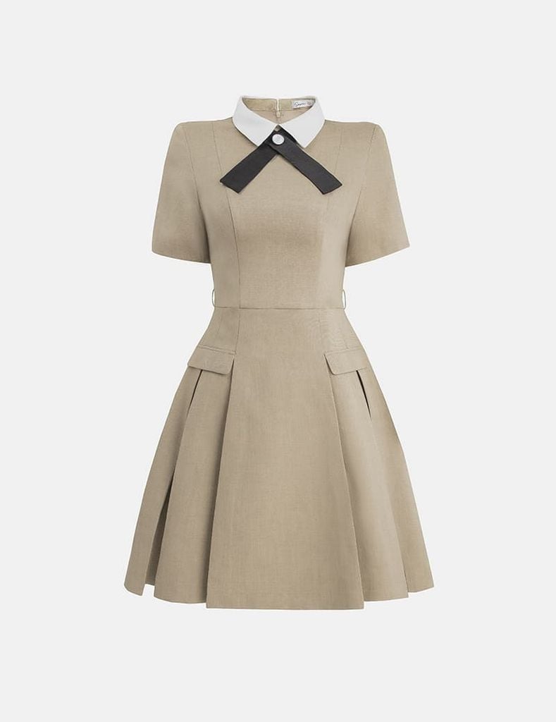 Váy liền dáng A nữ cổ bẻ phối nơ